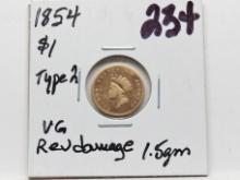 Gold $1 Type 2 1854 VG rev damage, 1.54gm