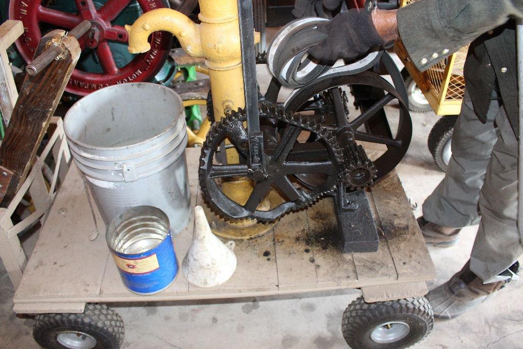 Pohlman gas engine, crooked gear, pump jack on cart, with water pump.