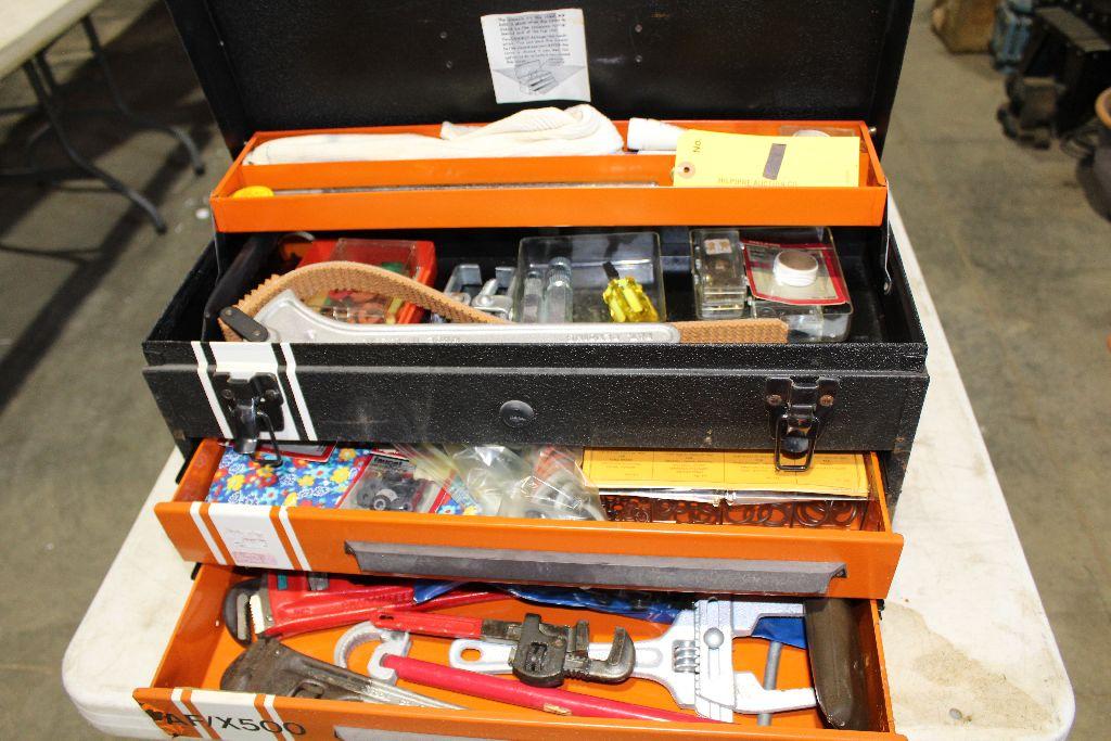 J.C Penney tool box  with pipe strap, wrenches, orings, etc.