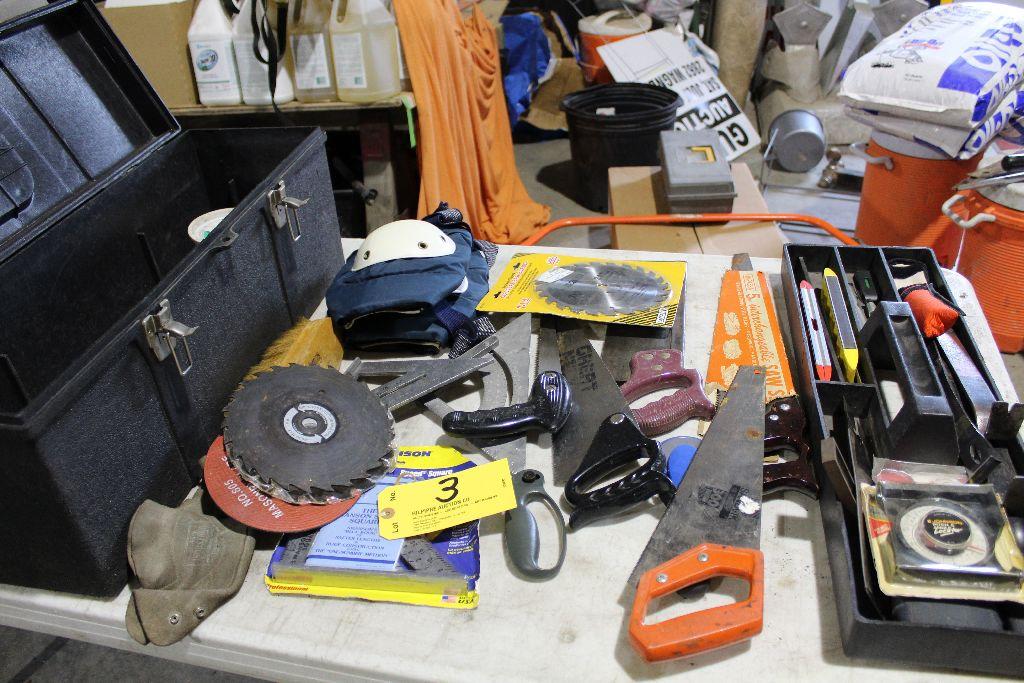 Tuff-Box tool box with pry bars, stud finder, jester saws, kneepads, etc.