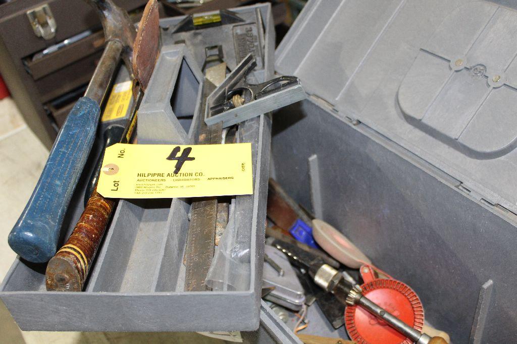 Tuff-Box tool box with hatchets, squares, string line, hand drill, etc.