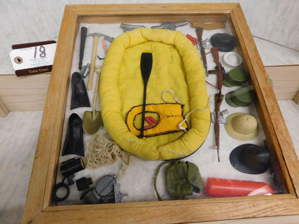 G.I. Joe Accessories: Hats, Shovels, Raft, Etc. In A Mack Tool Case.