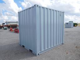 9' METAL STORGE CONTAINER, WINDOW, MAIN DOOR, LOCK BOX, FORKLIFT POCKETS