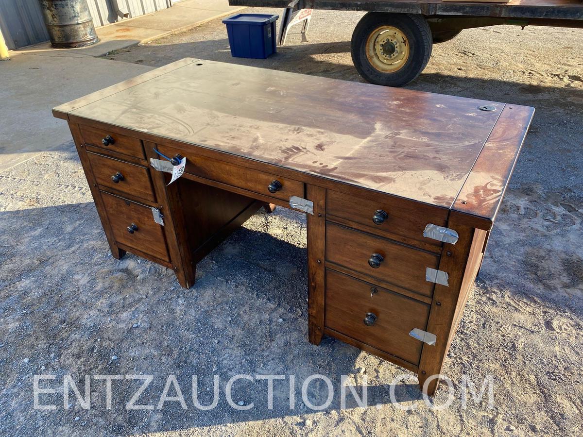 32" X 66" WALNUT FINISH DESK, 6 DRAWER PLUS MIDDLE