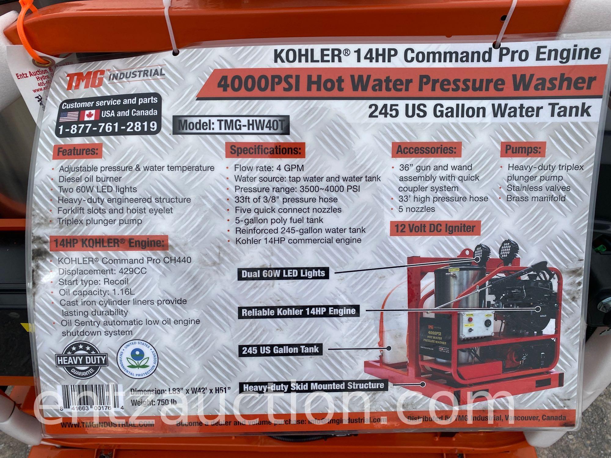 HOT WATER PRESSURE WASHER, 4,000 PSI, KOHLER 14HP