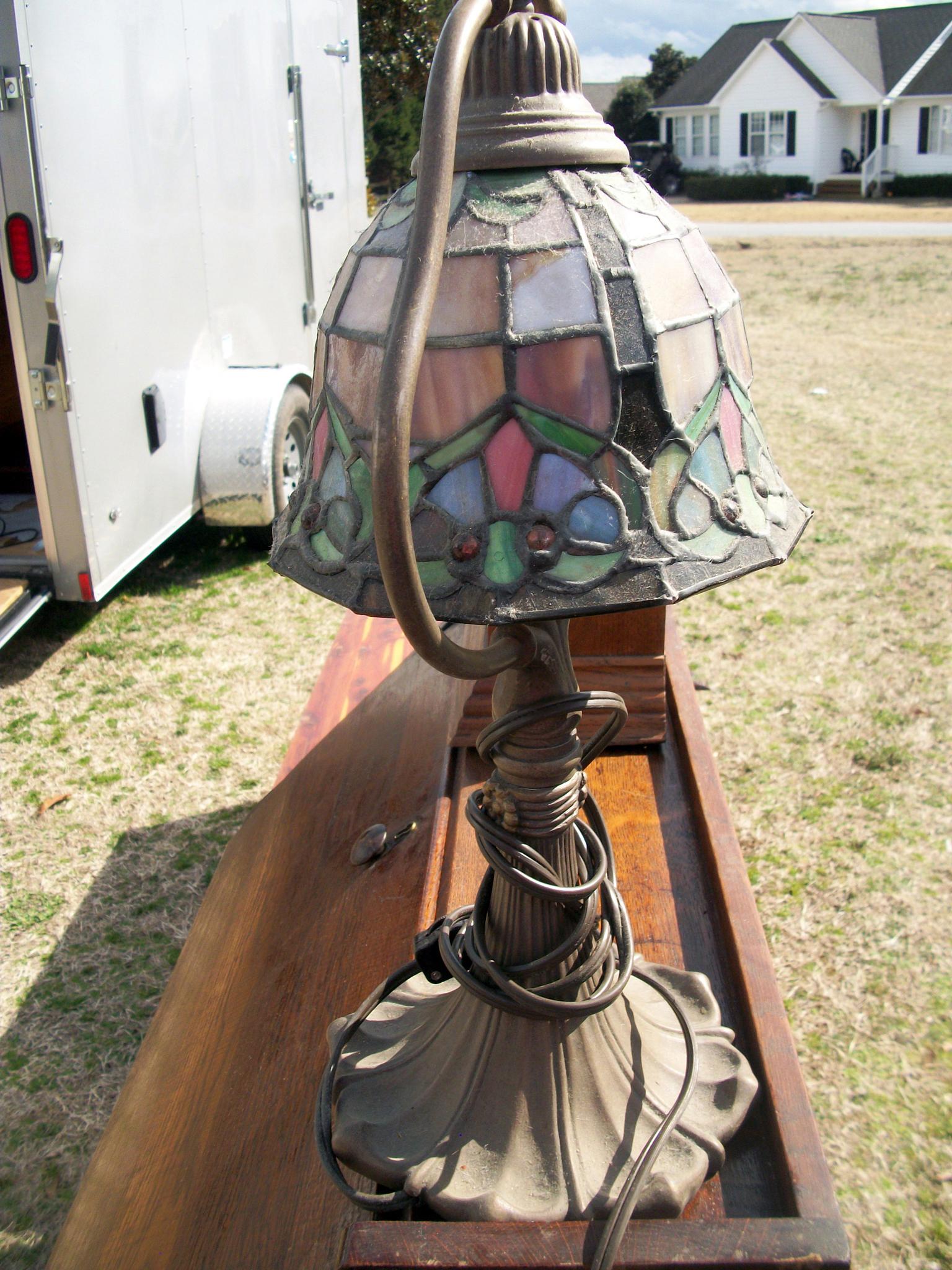 Lot 27: Vintage Looking Reproduction Multicolored Shade Tiffany Style Office Lamp.