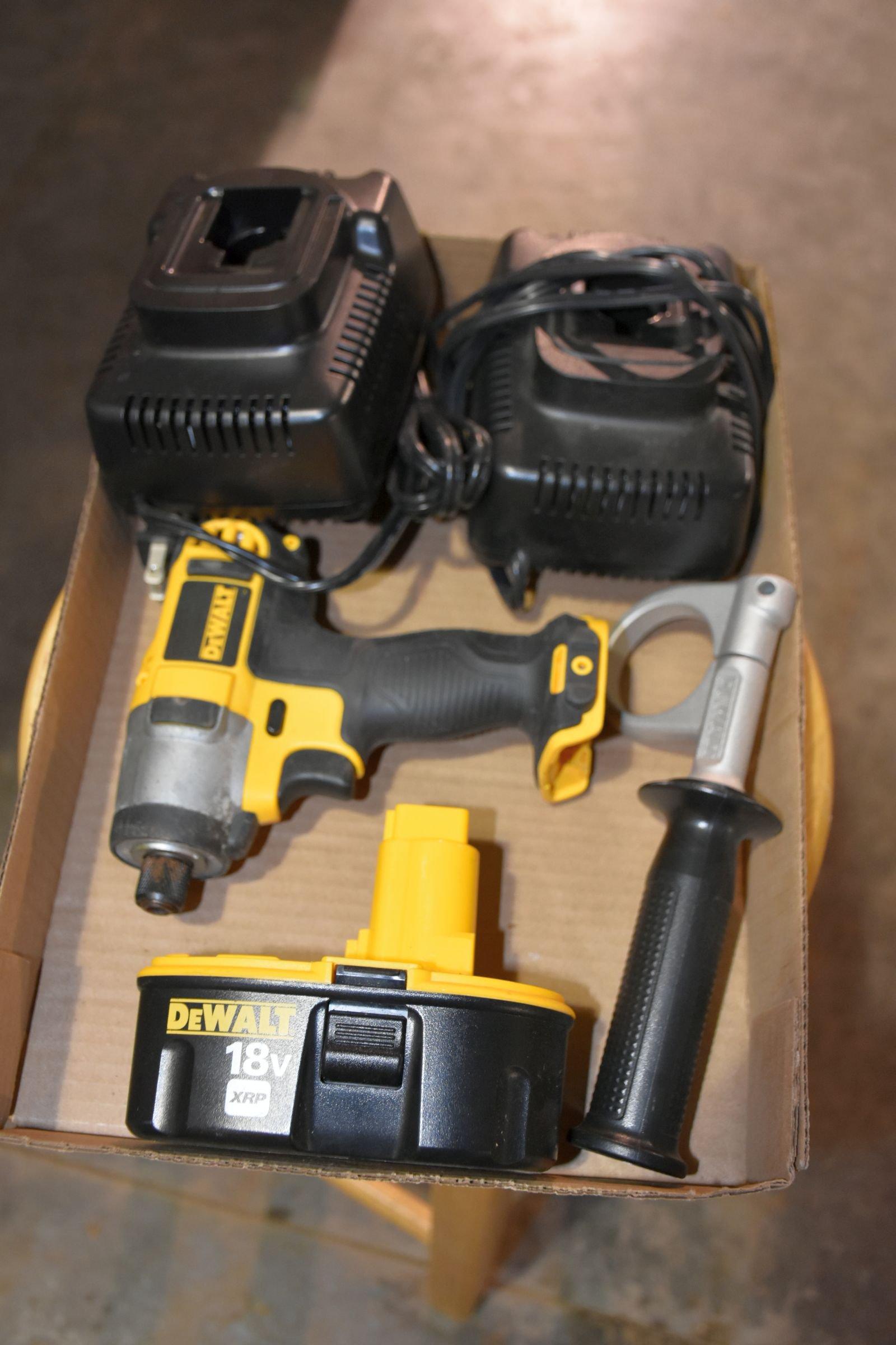 Dewalt 12 Volt Cordless Impact No Battery, Dewalt 18 Volt Battery, 2 Dewalt Chargers