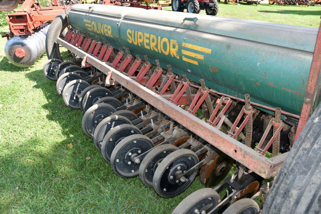 Oliver Superior Grain Drill, 11’ x 6”, Grass Seeder, Rubber High Wheels, Hydraulic Lift, Press Wheel