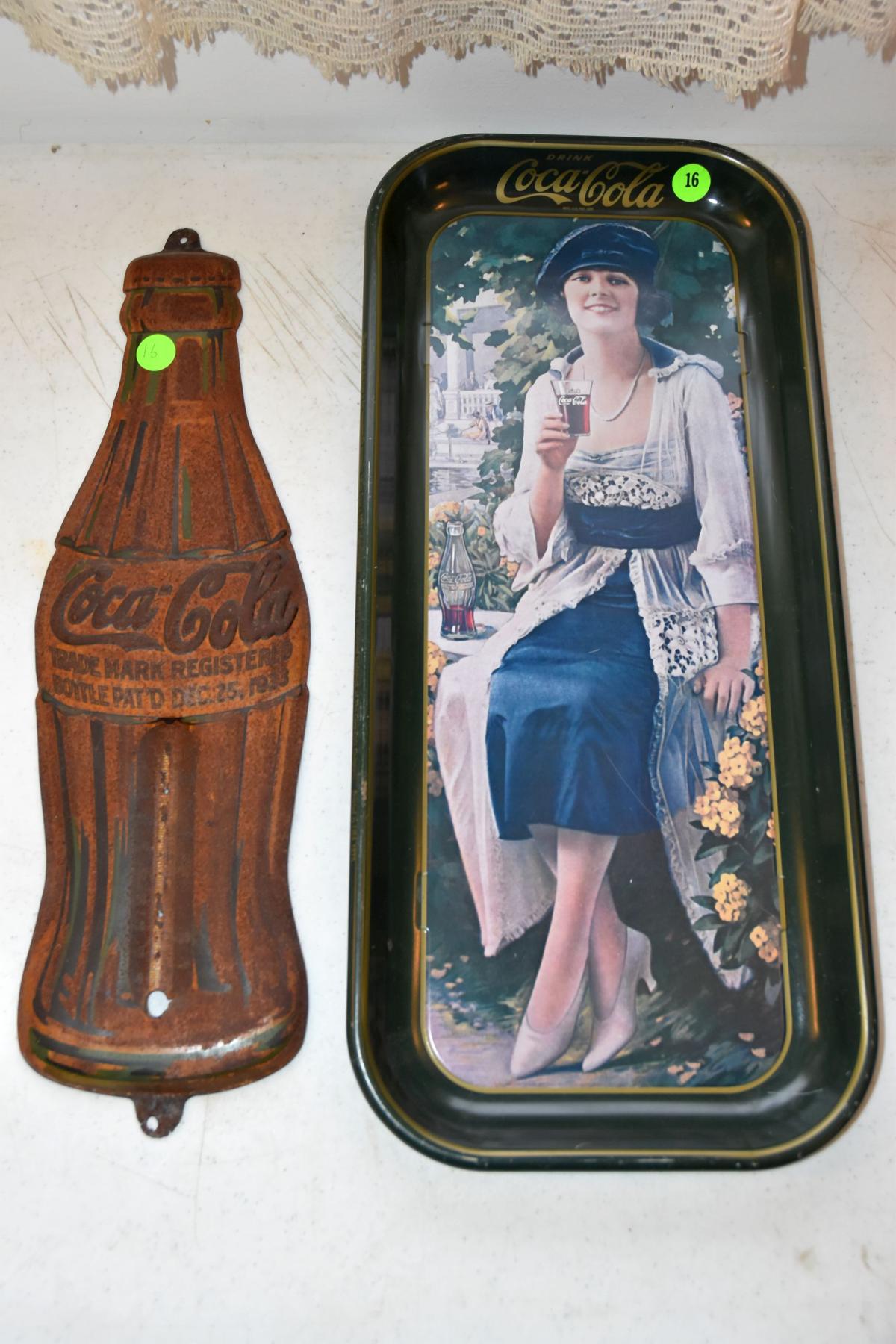 Coca Cola Tin Bottle Thermometer, Missing Thermometer, And Coca Cola Tray