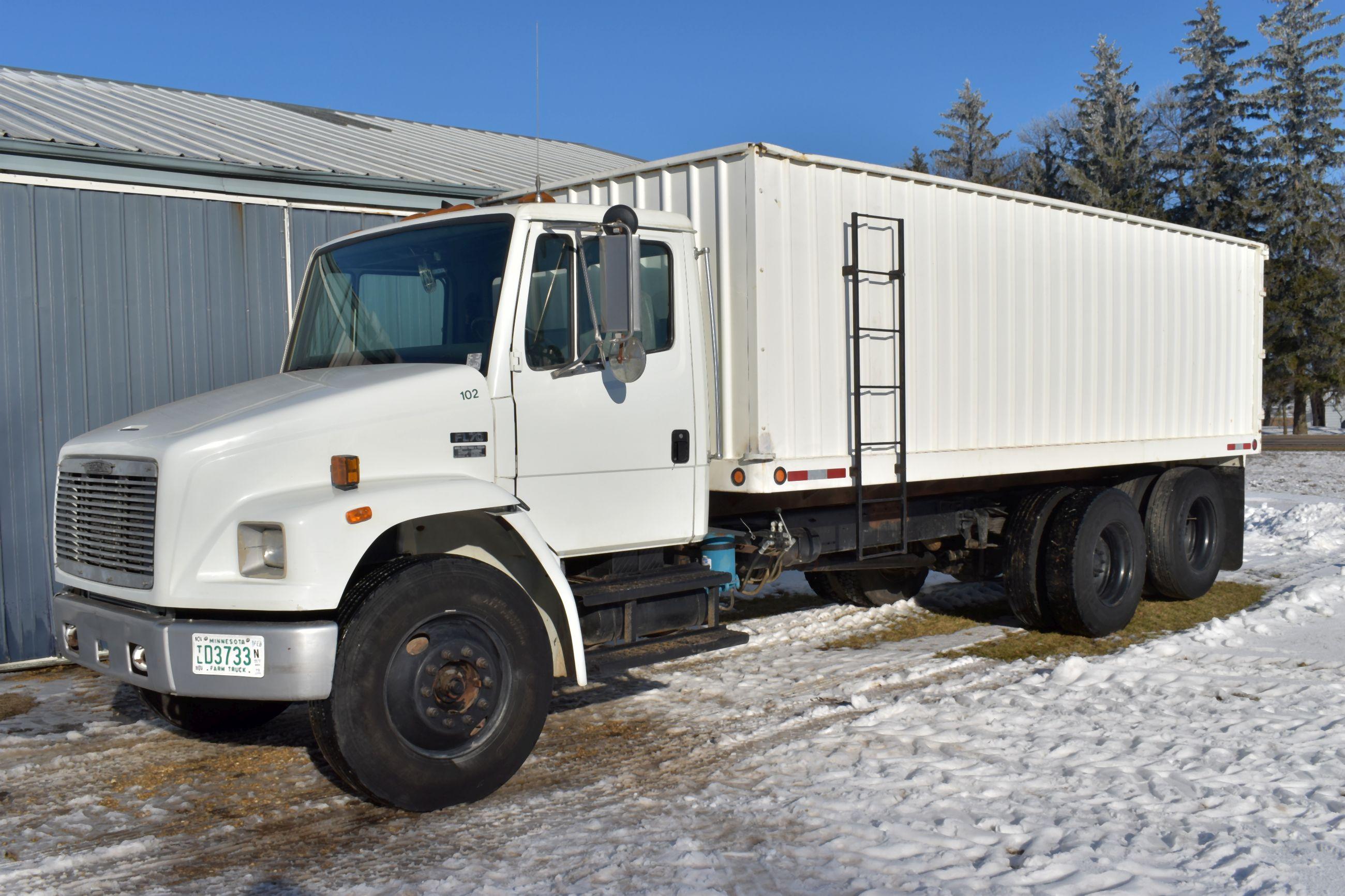 1995 Freightliner FL70 Tandem Axle Grain Truck, Single Axle With Air Lift Tag, 22.5 Rubber, Diesel,