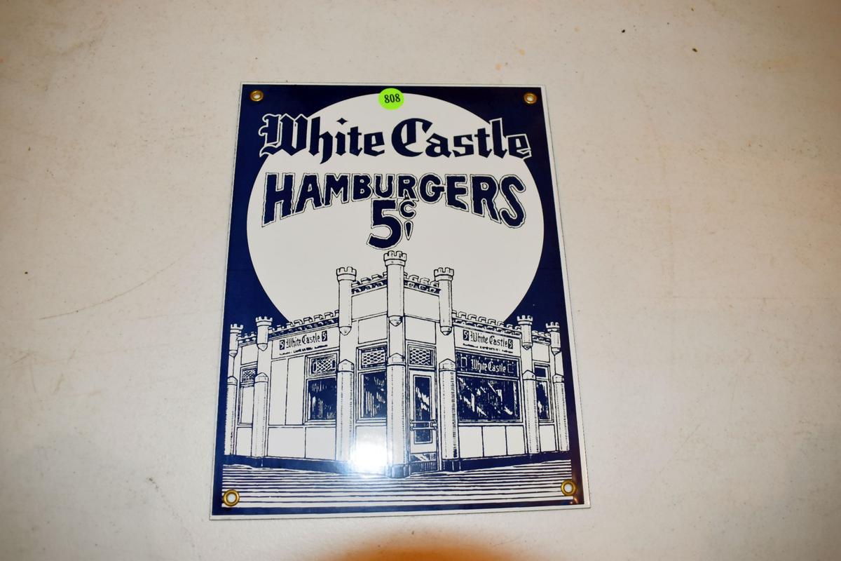 Porcelain White Castle Hamburgers Sign, 12''x9''