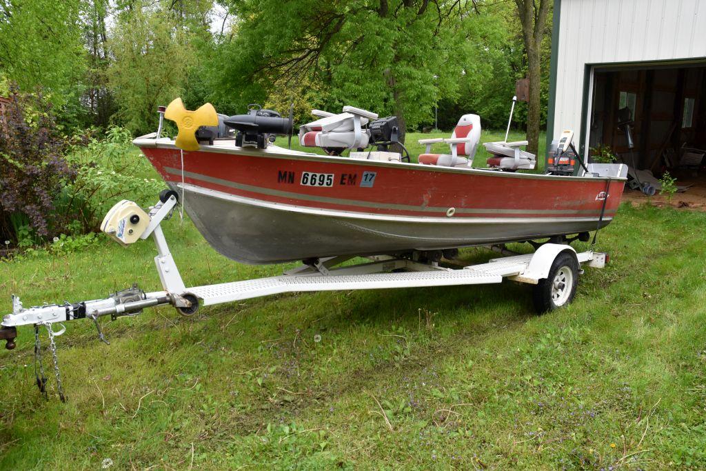 1982 Lund 16' Aluminum Fishing Boat, Console, Mariner 50HP Motor, Power Trim, With Lights, Minn Kota