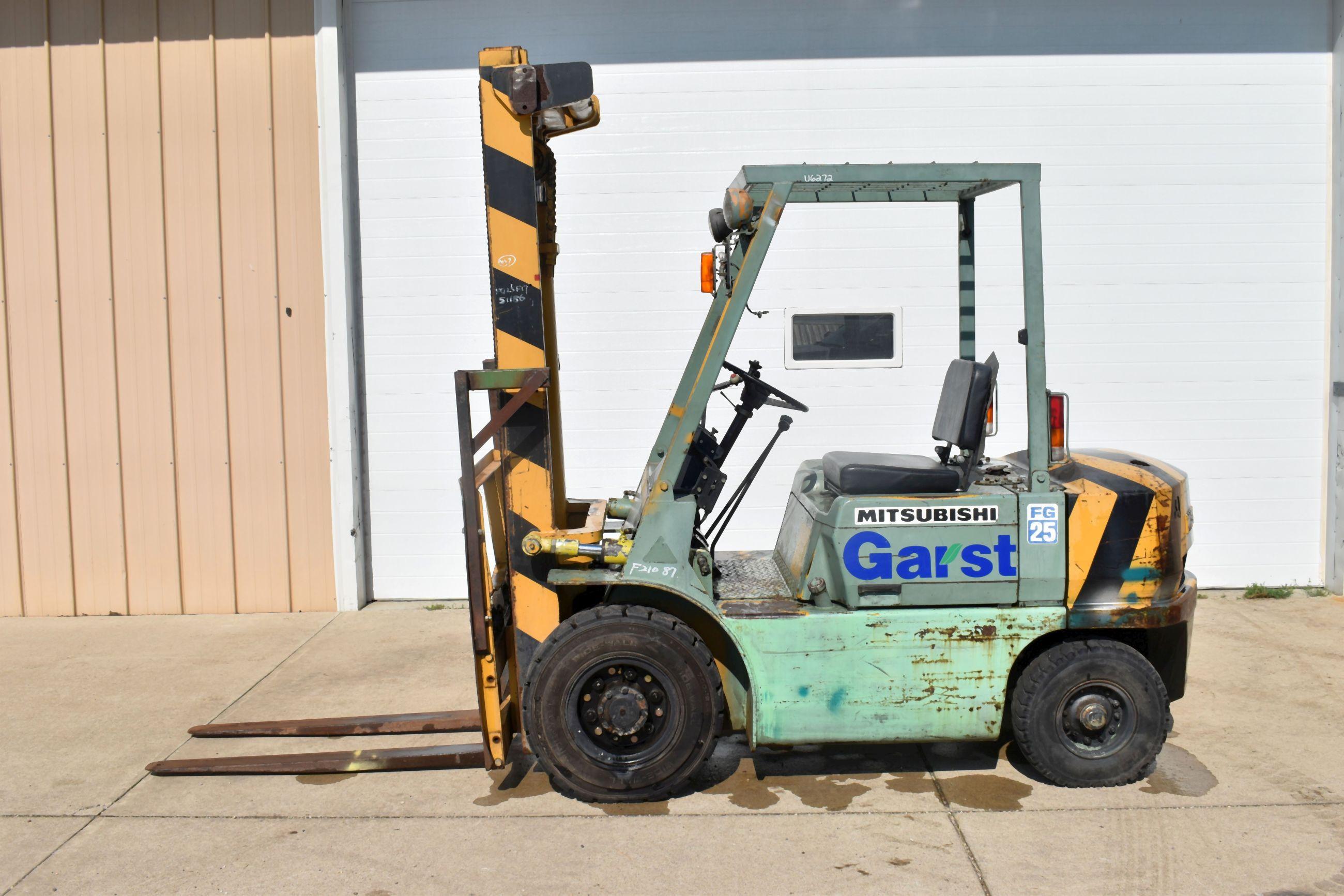 Mitsubishi Model FG25 Forklift, 7.00-12 Hard Surface Tires, Gas Engine, Very Good Condition, 5500 lb