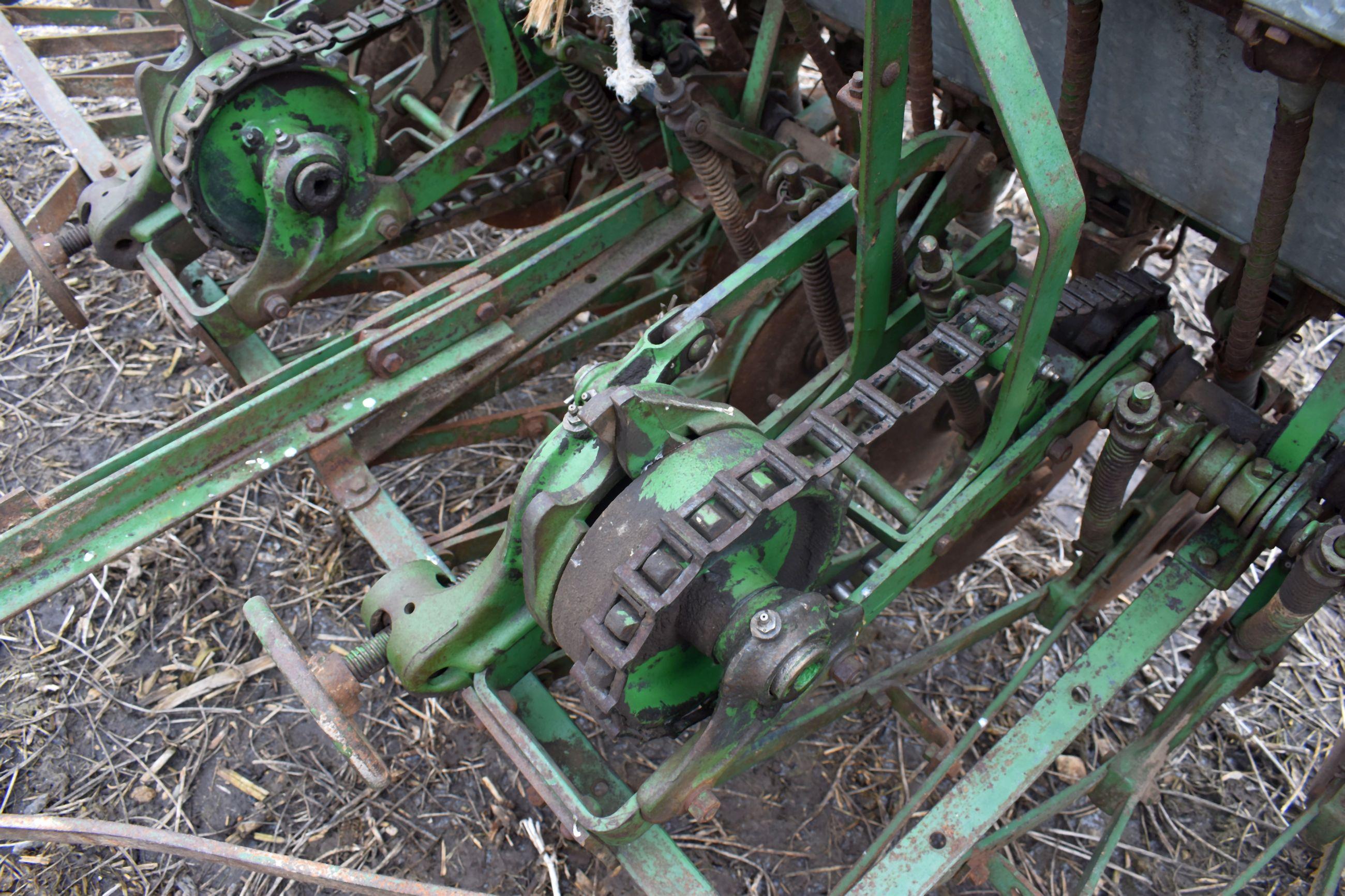 John Deere Van Brunt, 8’ Grain Drill, Grass Seed Attachment, 6” Spacings, Low Rubber, Mechanical Lif