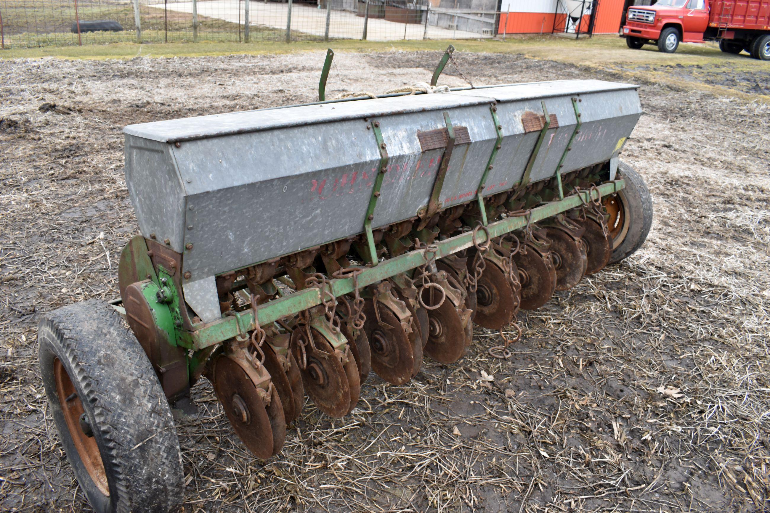 John Deere Van Brunt, 8’ Grain Drill, Grass Seed Attachment, 6” Spacings, Low Rubber, Mechanical Lif