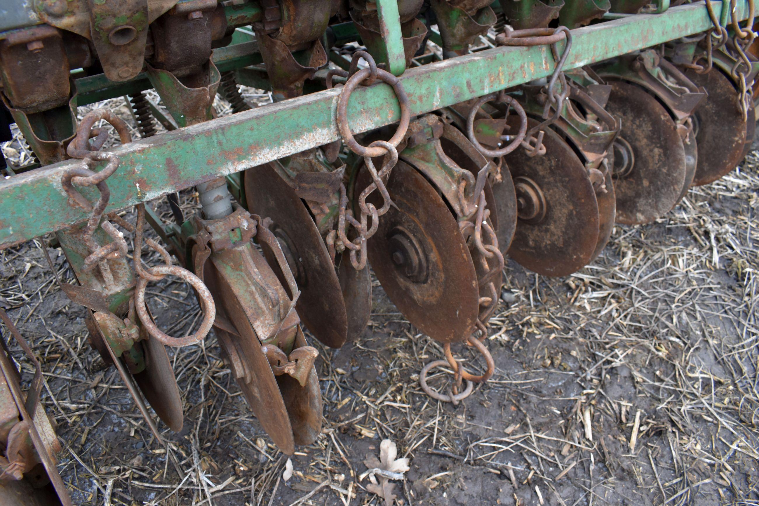 John Deere Van Brunt, 8’ Grain Drill, Grass Seed Attachment, 6” Spacings, Low Rubber, Mechanical Lif
