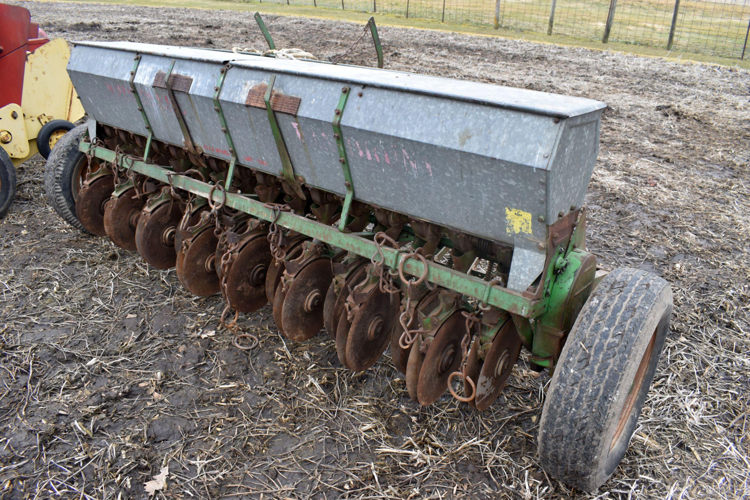 John Deere Van Brunt, 8’ Grain Drill, Grass Seed Attachment, 6” Spacings, Low Rubber, Mechanical Lif