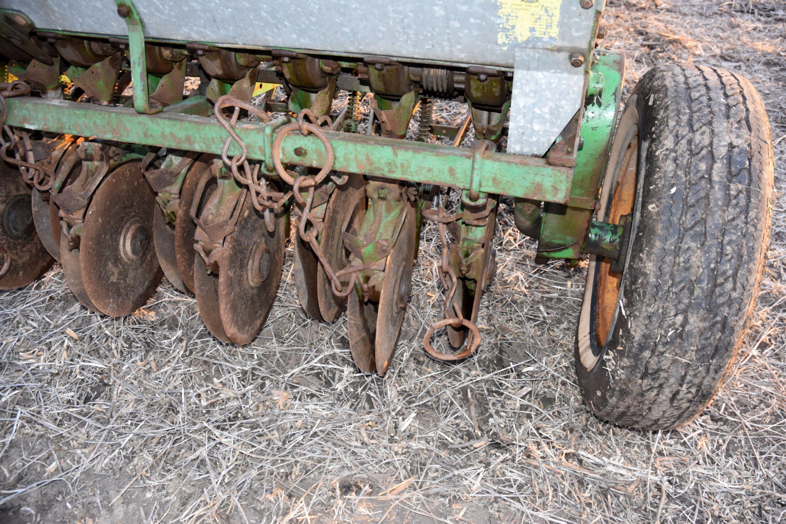 John Deere Van Brunt, 8’ Grain Drill, Grass Seed Attachment, 6” Spacings, Low Rubber, Mechanical Lif