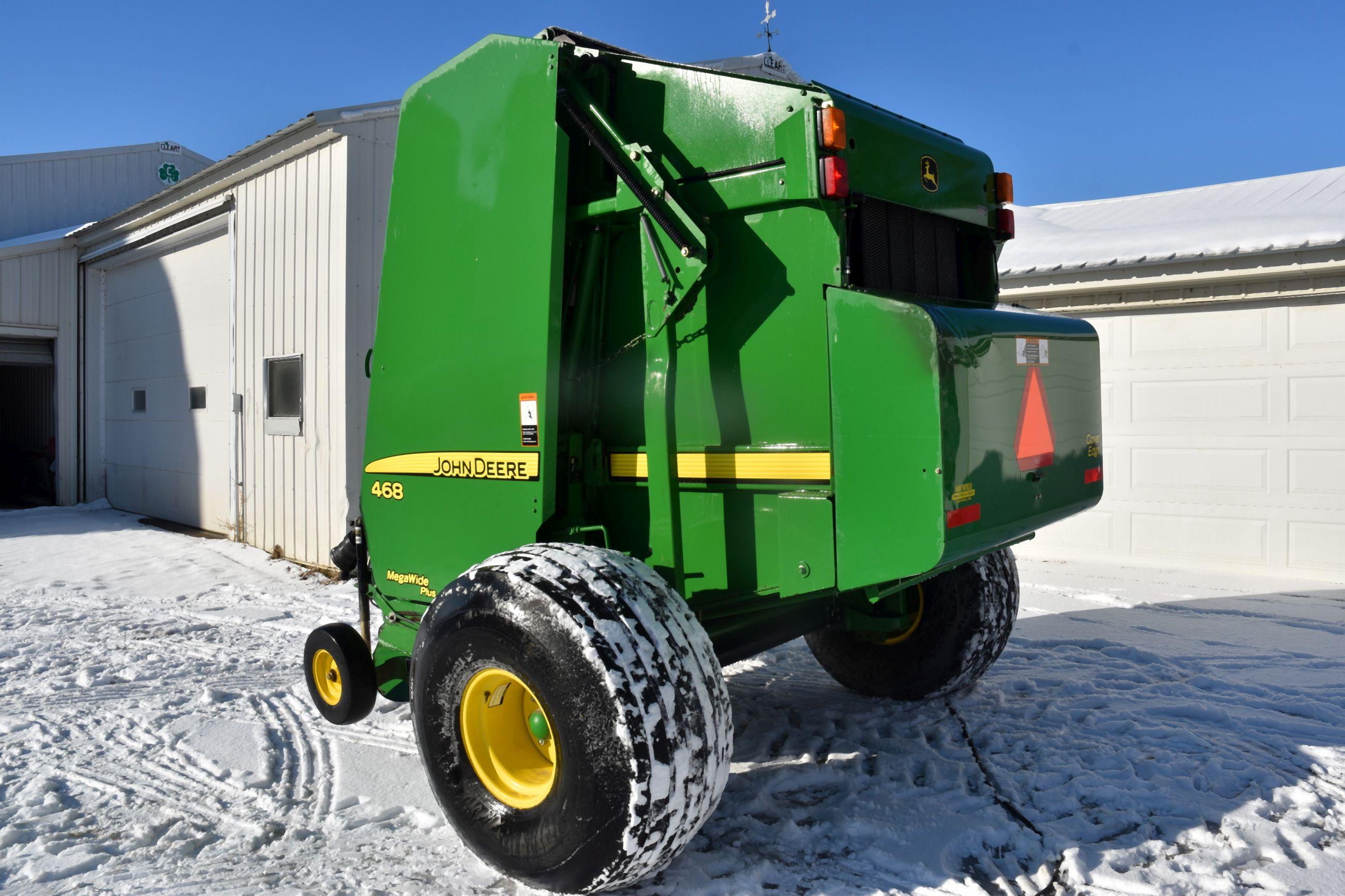 John Deere 468 Round Baler, Mega Wide Plus, Cover Edge, 8,781 Bales, Net Or Twine Wrap, 4x6 Bales,