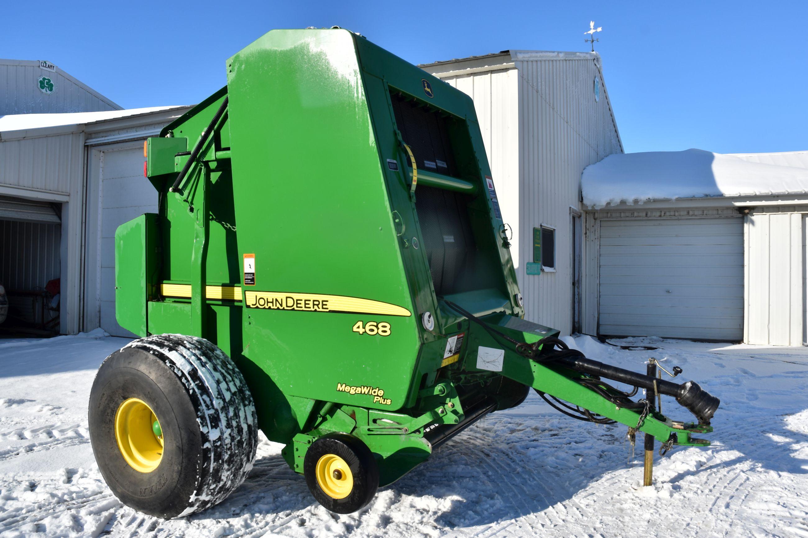 John Deere 468 Round Baler, Mega Wide Plus, Cover Edge, 8,781 Bales, Net Or Twine Wrap, 4x6 Bales,