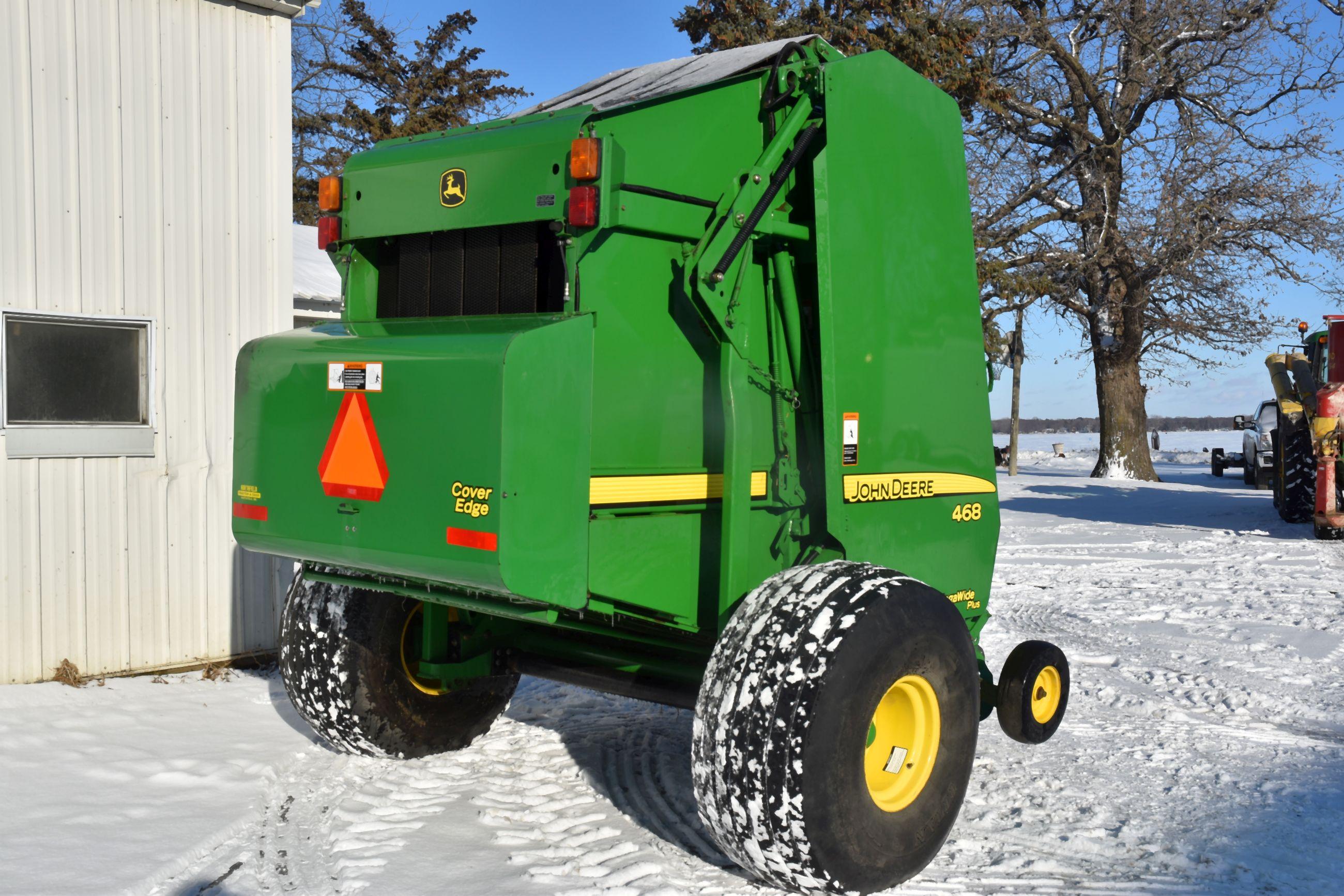 John Deere 468 Round Baler, Mega Wide Plus, Cover Edge, 8,781 Bales, Net Or Twine Wrap, 4x6 Bales,