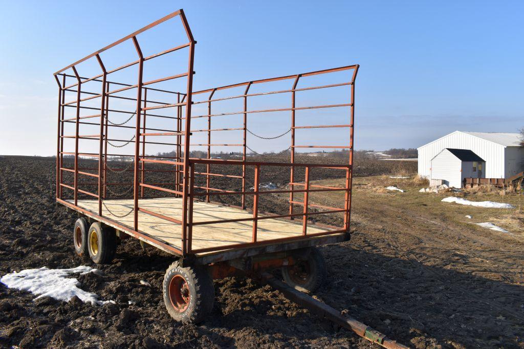 9'x16' Metal Bale Throw Wagon, 12 Ton Minnesota Tandem Running Gear, New Plywood Sheeting Floor