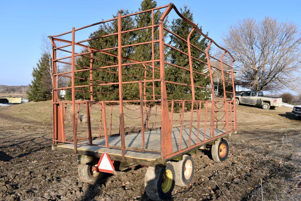 9'x16' Metal Bale Throw Wagon, 12 Ton Kewanee Tandem Running Gear, New Plywood Sheeting Floor