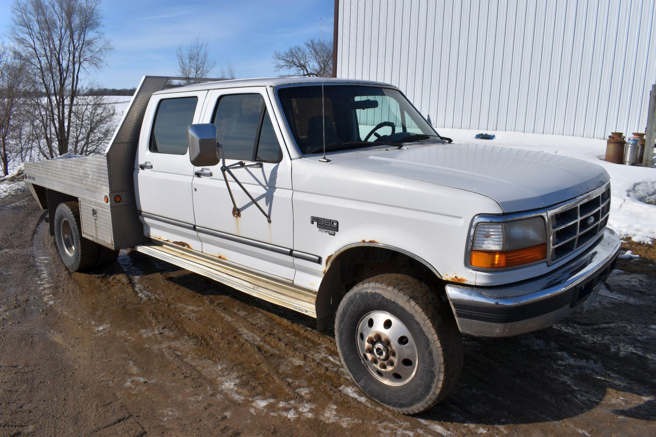 1996 Ford F350 XLT, Dually, 4 Door, 7.3L Turbo Diesel, 4x4, Auto, With 8' Aluma-Line Flat Bed, Miles