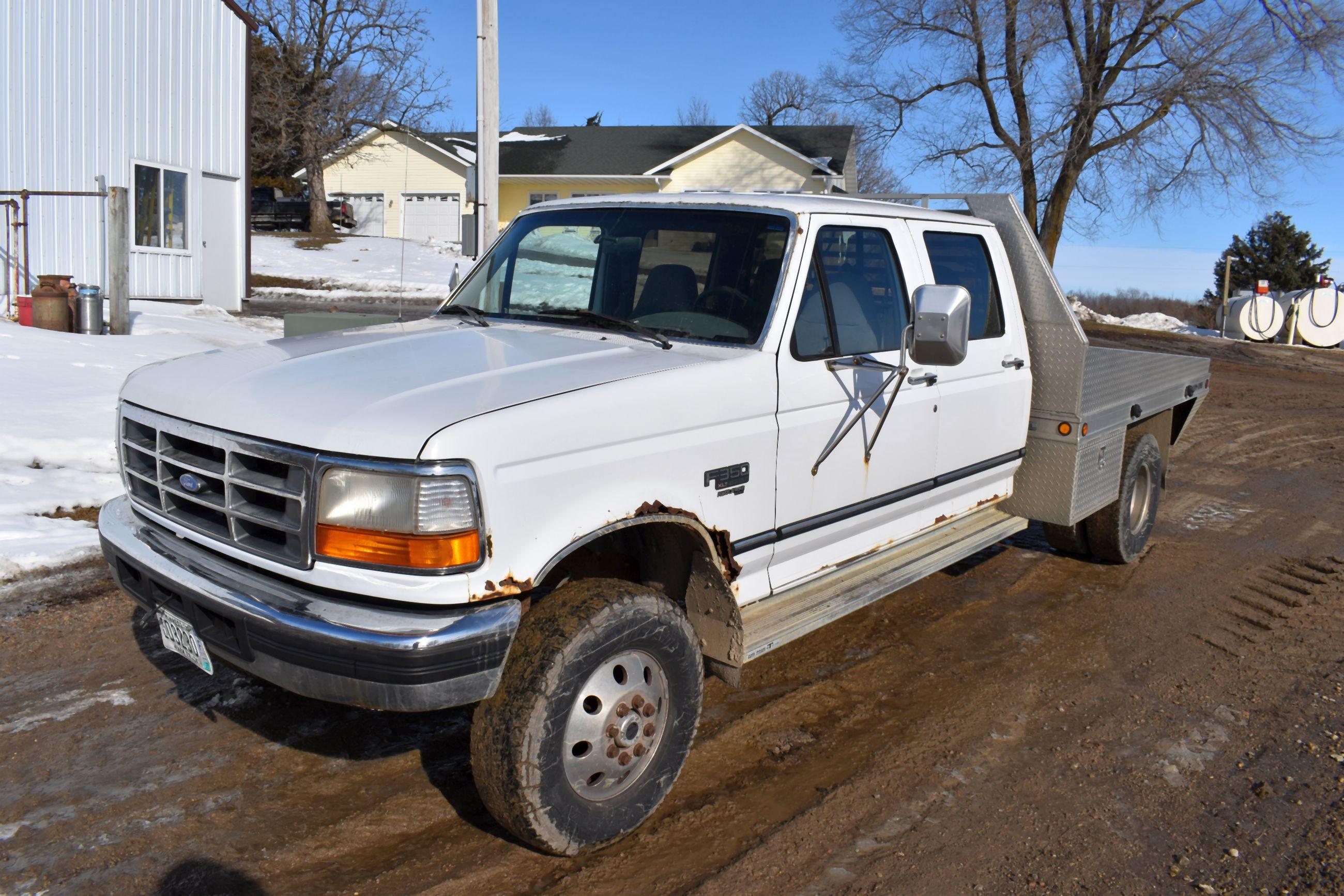 1996 Ford F350 XLT, Dually, 4 Door, 7.3L Turbo Diesel, 4x4, Auto, With 8' Aluma-Line Flat Bed, Miles