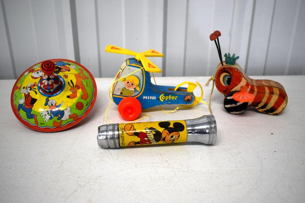 Straco Disney Spinner, 1970s Fisher Mini Copter, Fisher Price Queen Buzzy Bee, Mickey Mouse Flashlig