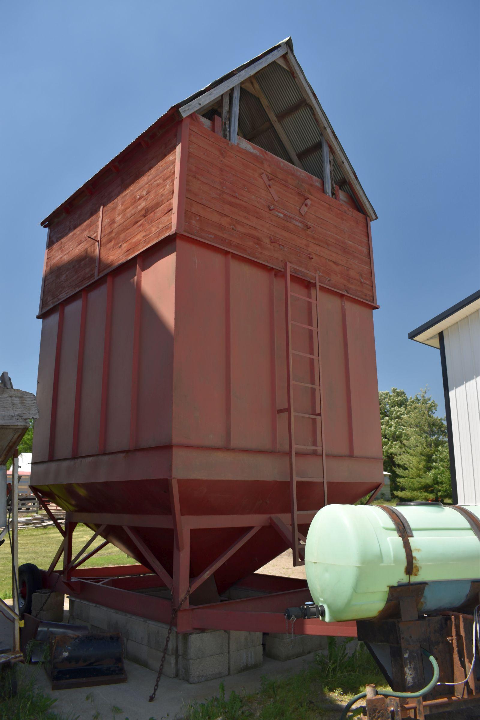 Portable Grain Holding Bin With Wheels & Brakes, Wooden Sides & Roof