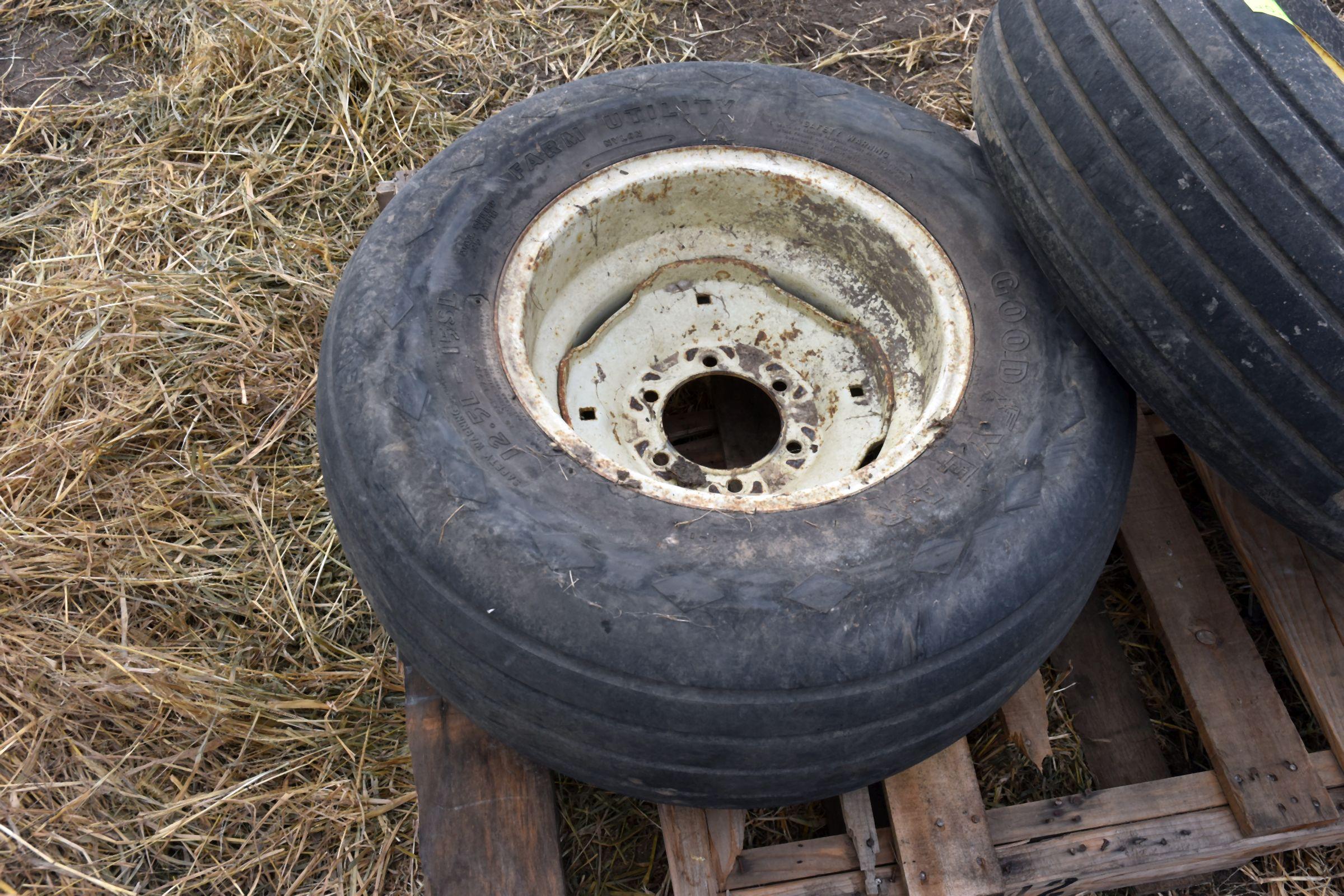 11L-14 Tire With Damage On 6 Bolt Rim, 12.5L-15SL Tire on 6 Bolt Rim