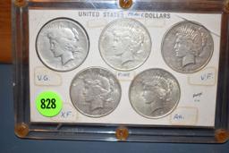 5 United States Peace Dollars 1921,1923,1926,1926,1934