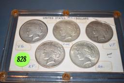 5 United States Peace Dollars 1921,1923,1926,1926,1934