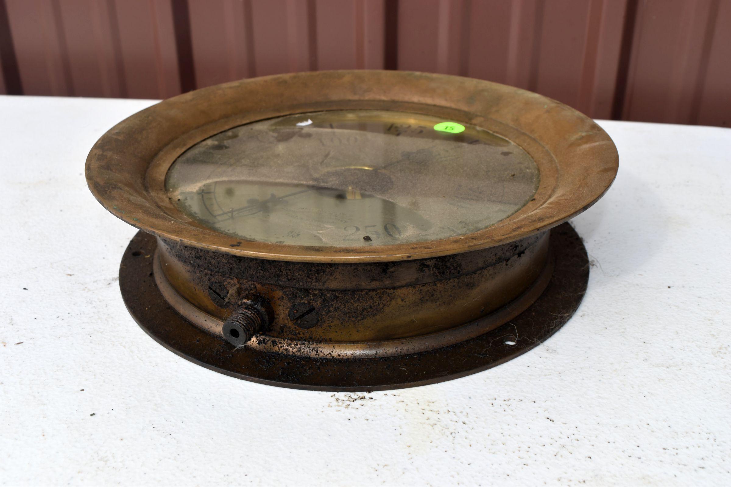 Antique vintage American Bourdon Gauge, brass steam gauge, 8.5" diameter, glass appears good
