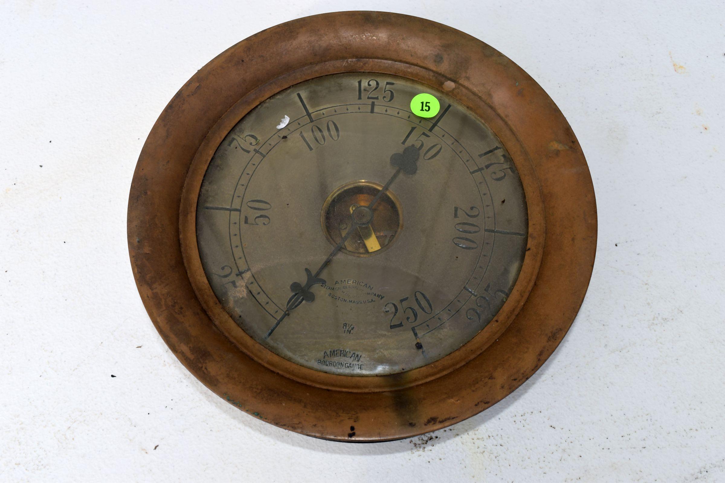 Antique vintage American Bourdon Gauge, brass steam gauge, 8.5" diameter, glass appears good