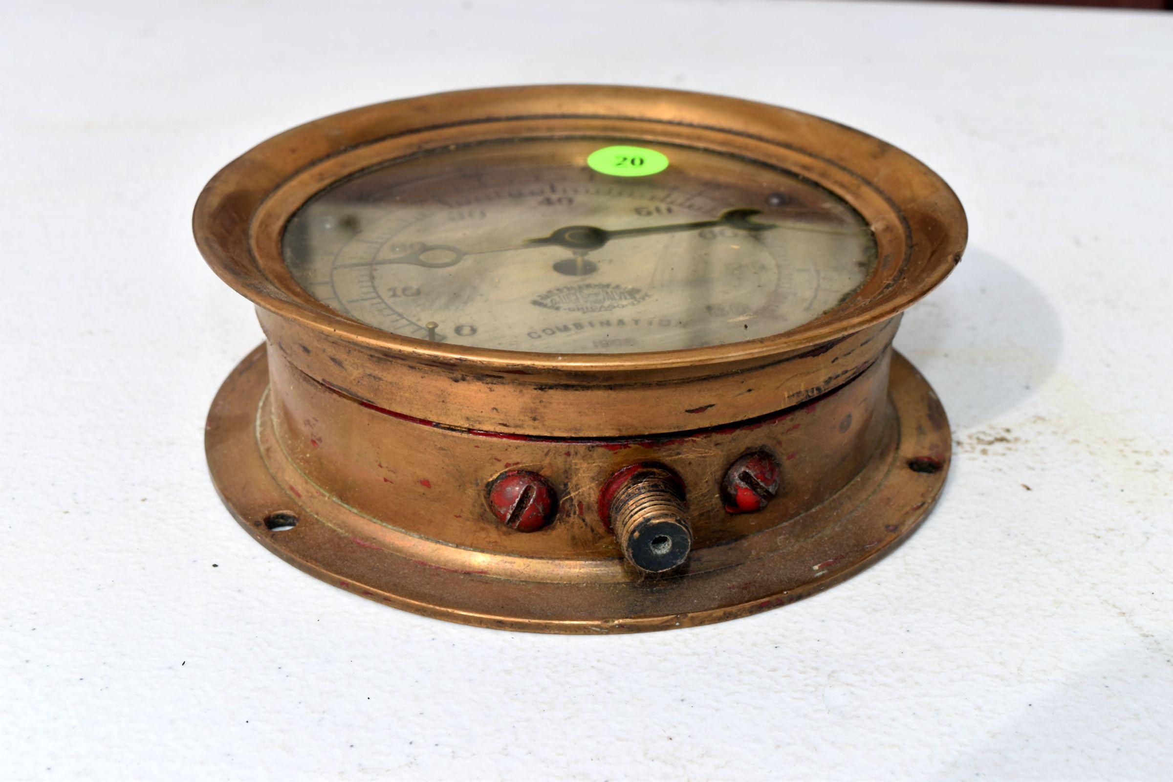 Antique vintage Jas.P. Marsh Co., brass combination pressure & water gauge, dated 1906, 5.5" diamete