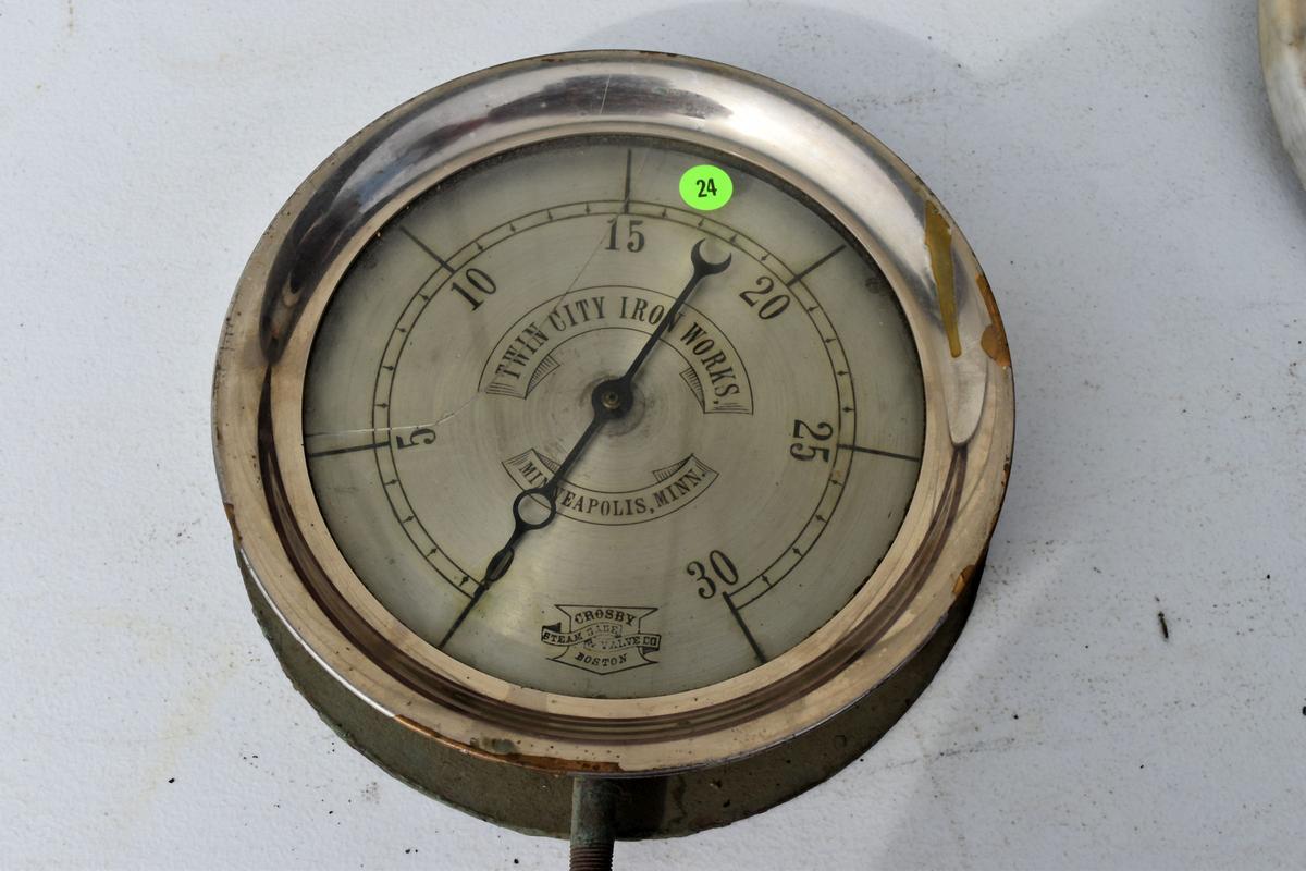 Antique vintage Crosby Steam Gauge & Valve Co., Boston pressure gauge, Twin City Iron Works Minneapo