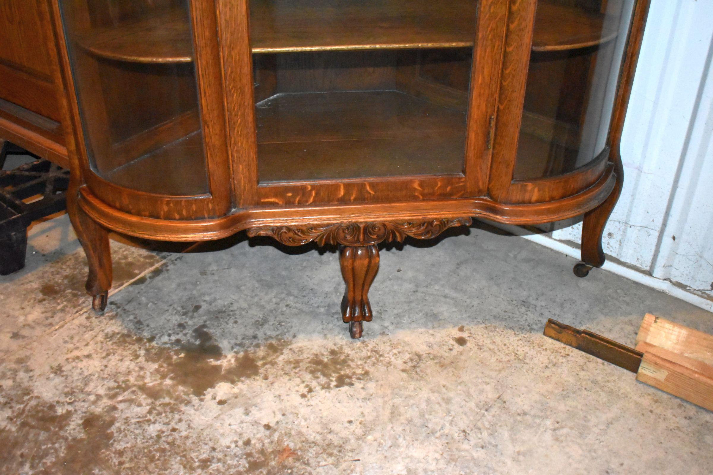 Fancy Oak Corner Double Curved Glass Curio Cabinet, Beveled Leaded Glass, 4 Wooden Shelves, Very Nic
