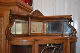 Fancy Oak Corner Double Curved Glass Curio Cabinet, Beveled Leaded Glass, 4 Wooden Shelves, Very Nic