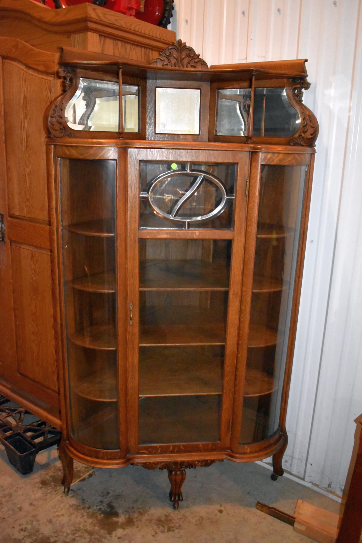 Fancy Oak Corner Double Curved Glass Curio Cabinet, Beveled Leaded Glass, 4 Wooden Shelves, Very Nic