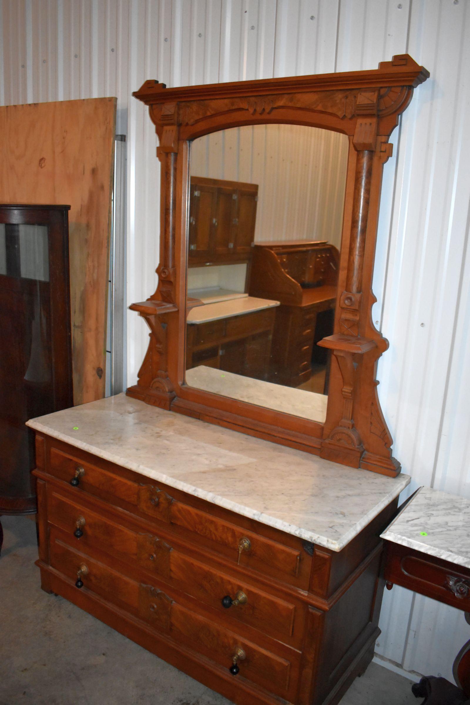 Fancy Walnut Marble Top Mirrored Dresser, 3-Drawer, Very Nice Condition, 52" Wide, 84" Tall