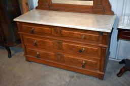 Fancy Walnut Marble Top Mirrored Dresser, 3-Drawer, Very Nice Condition, 52" Wide, 84" Tall