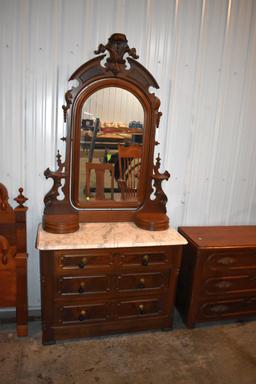 Fancy Walnut Marble Top Mirrored Dresser, 3-Drawer, Very Nice Condition, 42" Wide, 90" Tall