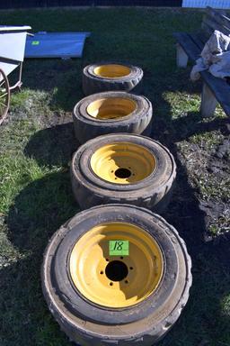 Set of 4 Solid Rubber Skid Loader Rims and Tires, 6 Bolt, 10x16.5, Case Off Case Skid Loader