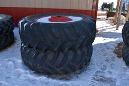 Pair of 20.8x38 Tires on M&W 9 Bolt Duals, Painted Red