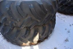 Pair of 20.8x38 Tires on M&W 9 Bolt Duals, Painted Red