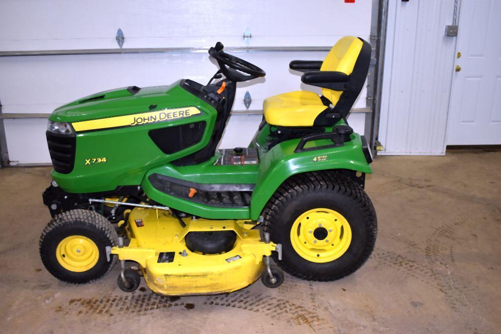 John Deere X734 Garden Tractor, 4 Wheel Steer, 60" Mower Deck, 403 One Owner Hours, Hydraulic