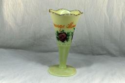 Custard glass vase with Wanamingo advertising