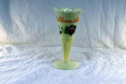 Custard glass vase with Waltham MN advertising